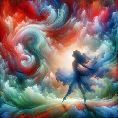 The primary subject of the image is a woman, who is the main focus of the scene. She is standing in a vibrant, colorful environment, which is a mix of digital art and illustration. The setting includes a cloudy sky, and the woman appears to be dancing or posing in the midst of the clouds. The visual style of the image is artistic and dynamic, with a strong emphasis on the woman's figure and the surrounding colorful clouds. The colors and mood of the image are lively
